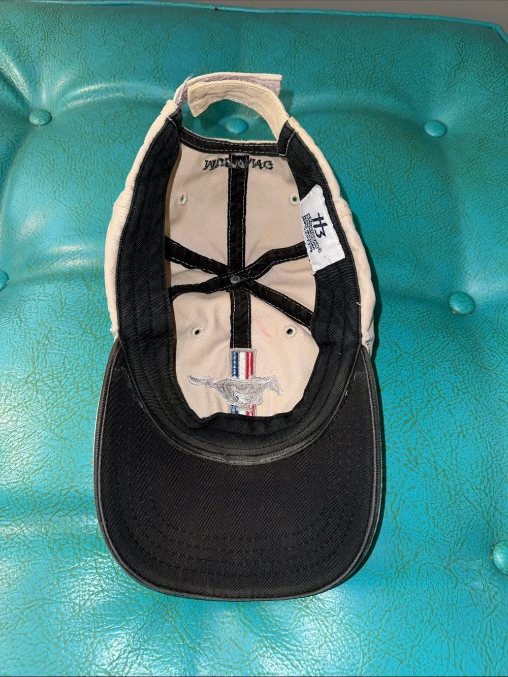 Distressed worn embroidered Mustang Velcro back cap hat